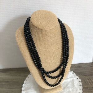 Vtg Black Beaded Multi Strand Necklace